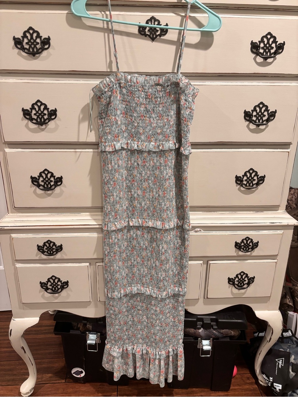 Pink Blush Maternity Smocked Floral Maxi Dress in Light Blue and Coral